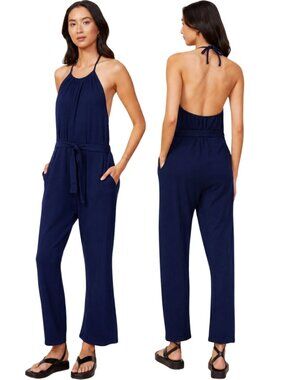 Monrow Revolve Supersoft Halter Jumpsuit Women's Small Blue Knit Minimalist NWT
